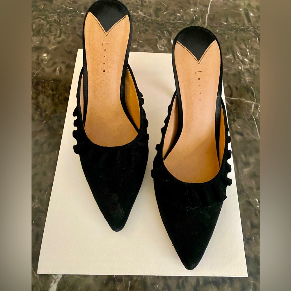 Leith black suede mules with butterfly hem